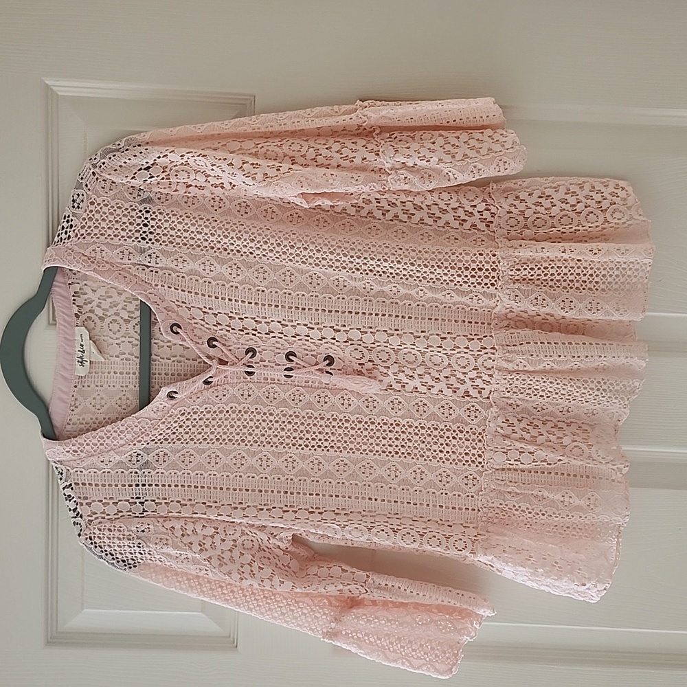Style & Co. Pink Lace Peplum Blouse with Lace-Up V-Neck